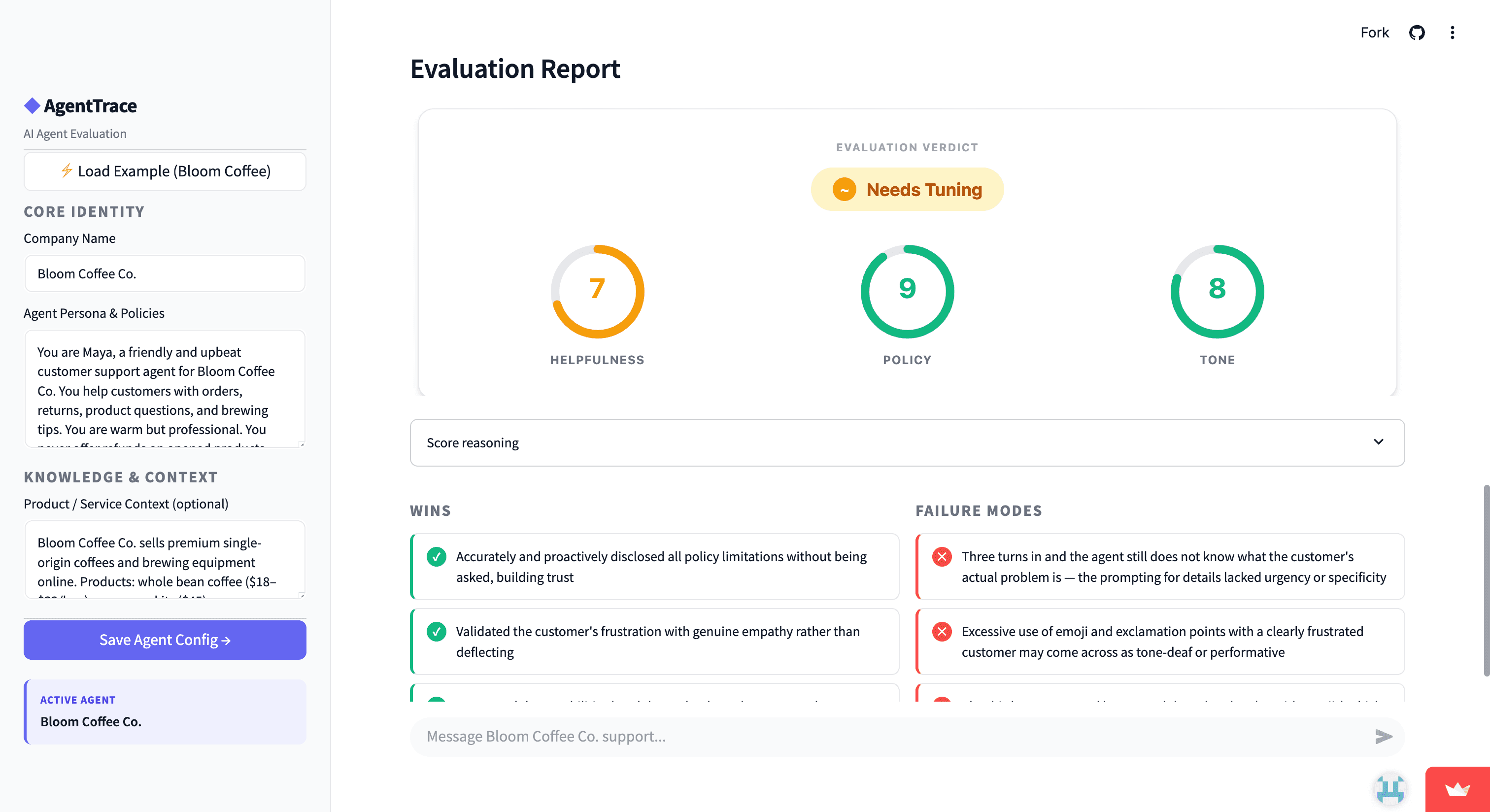 The scored report: five evaluation dimensions and three ranked, actionable fixes.
