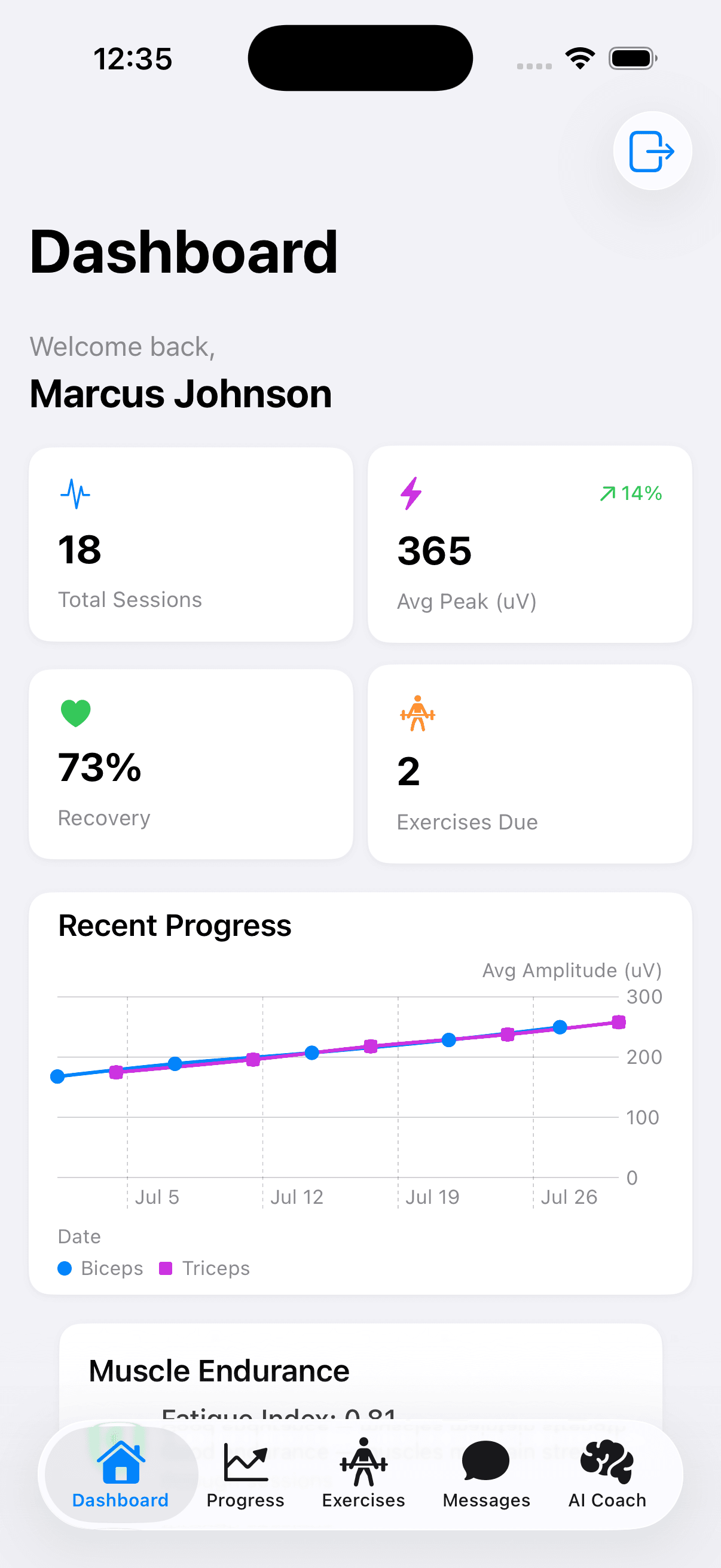 Patient view — today's exercises, progress, and live feedback.