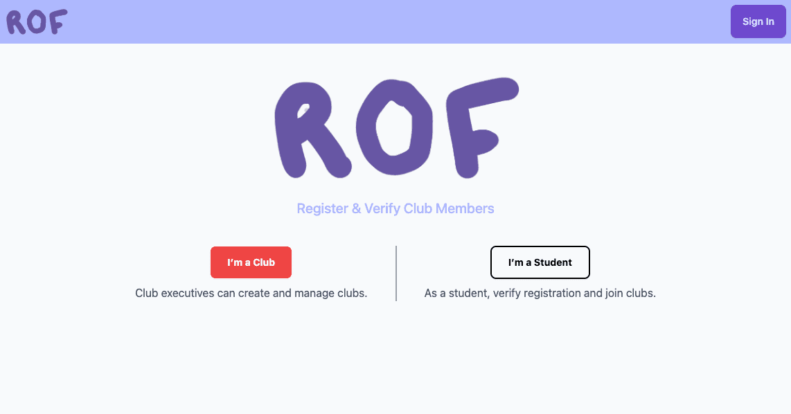 Landing — two roles, one system: club execs manage clubs, students verify and join.
